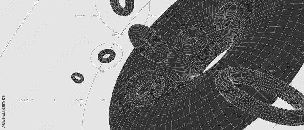 Aufkleber Strange abstract modern wireframes 3d geometric shapes, graphic composition design vector background, monochrome chaotically floating figures in the style of anti-design
