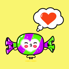 Cute funny Candy doing yoga with speech bubble. Vector hand drawn cartoon kawaii character illustration icon. Isolated on yellow background. Candy in love character concept