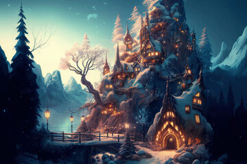 Fototapeta na wymiar Magical fantasy mountain village with little houses on the mountain, majestic snowy winter landscape, AI generated image