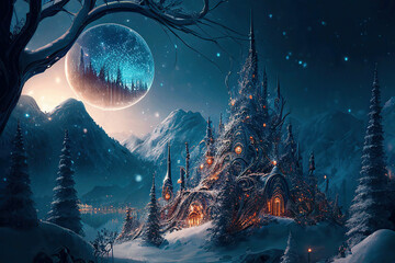 Obraz premium Wonderful fantasy castle among the mountains, majestic twilight winter landscape, AI generated image