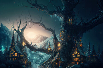 Fantasy village with houses on the trees, twilight winter landscape, AI generated image