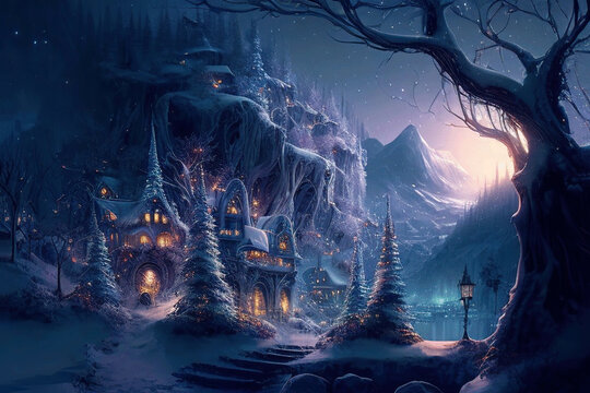 Magical fantasy little mountain village, majestic snowy winter landscape, twilight and lights, AI generated image