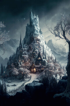 Magical fantasy village located on the mountain with little houses, majestic snowy winter landscape, AI generated image