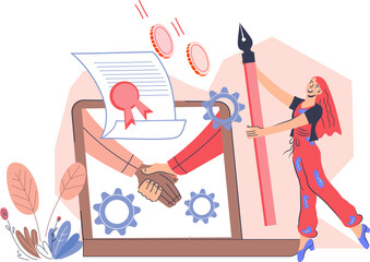 Fototapeta premium Online contract signing business concept. Online business deal and achievement of agreement, handshake in negotiations.