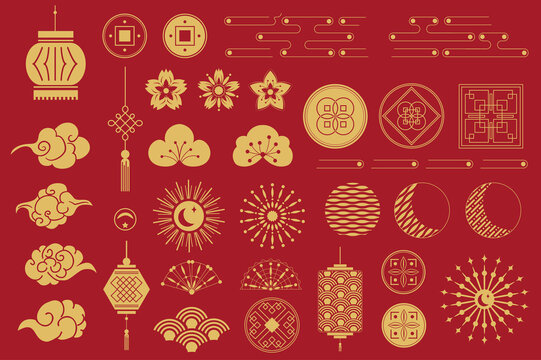 Chinese elements and ornates isolated set in flat design. Bundle of asian gold traditional and symbols to holiday, lanterns, clouds, flowers, frames, knots, rosettes and other. Illustration.