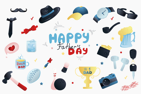 Father day holiday isolated elements set in flat design. Bundle of mustache, tie, hat, cap, wristwatch, glasses, tube, beer glass, key, camera, gold cup, shaving brush and other. Illustration.