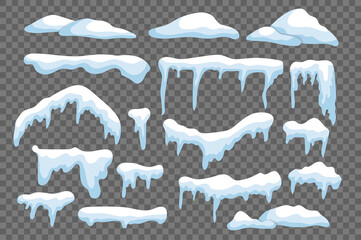 Snow caps with icicles isolated elements set in flat design. Bundle of different shapes snowcaps, snowdrifts and snowy ice on roofs. Seasonal weather frames and winter borders. Illustration. - obrazy, fototapety, plakaty