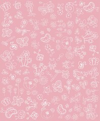 Fototapeta na wymiar pink background, drawings with white outlines, background of drawings for making, elements, houses, flowers, baby fashion, art, design, art illustration, drawings, sketches, creation, animals,