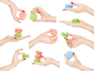 Woman hands holding, showing or measuring macaroons set isolated with transparency