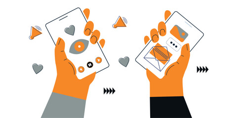 Friends chatting. New generation. Concept of social networks, virtual relationships. Friends chatting and texting. Vector flat illustration