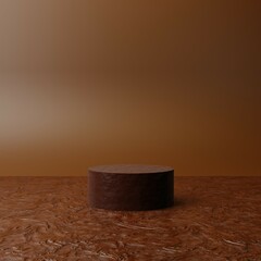 platform brown dark food sweet snack stand display stick short round circle float low standing podium advertisement sale design chocolate liquid flow waves. 3D rendering. Illustration for promotion