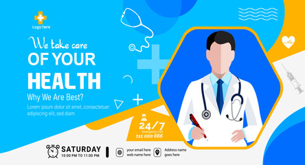 Healthcare and medical Doctor banner, Medical health poster template design. Realistic hospital webinar template.