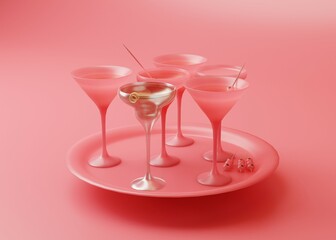 3d set of pink cocktail martini glasses on tray on pink background with one different glass. drink party concept 3d adbstract realistic rendering