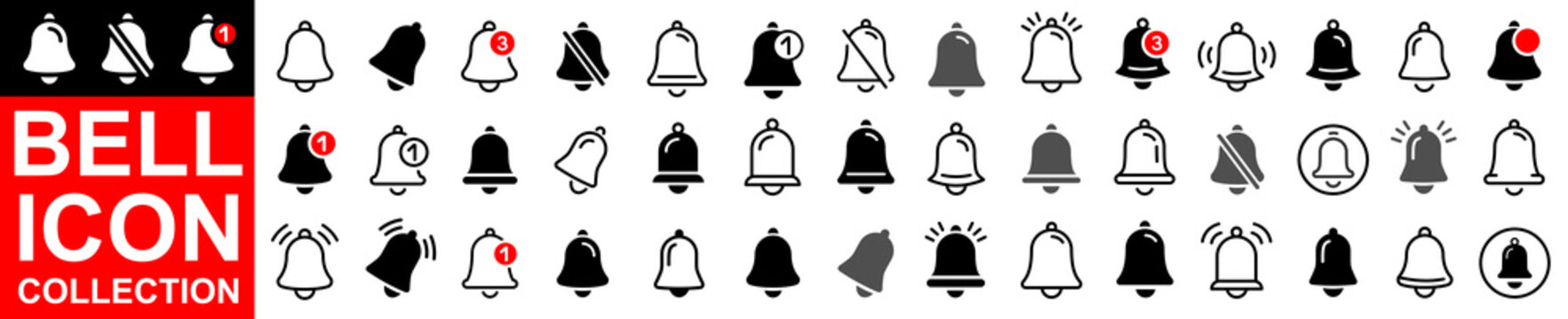 Notification bell big icon set. Notice message. Alarm symbol.Incoming inbox message. New message notofication icons. Set of ringing bells with new notification. Vector illustration.