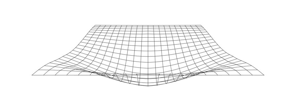 Net with convex effect. Distorted grid surface. Mesh warp texture. Geometric deformation. Gravity phenomenon. Bented lattice isolated on white background
