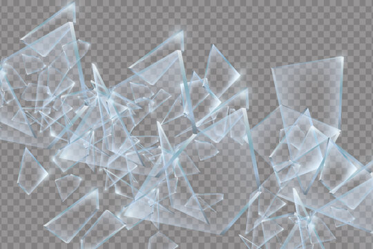 Broken glass pieces. Shattered glass on black background. Vector realistic illustration