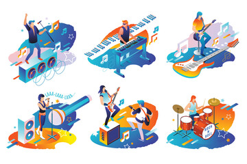 Naklejka premium Rock Musicians and Singers of rock band, musical instruments, audio blog concept, isometric vector illustrations on isolated background