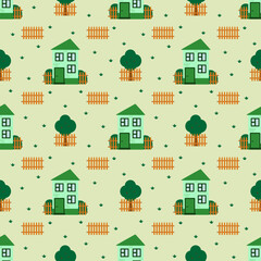 Vector seamless pattern. Green house. Children's design.