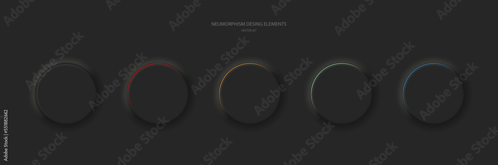 Poster round buttons on a black background. neomorphism ui design element set. vector illustration.