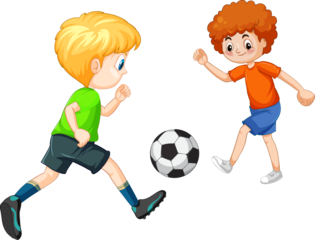 Happy  little kid play football together with friend