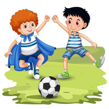 little kid play football together with friend vector illustration