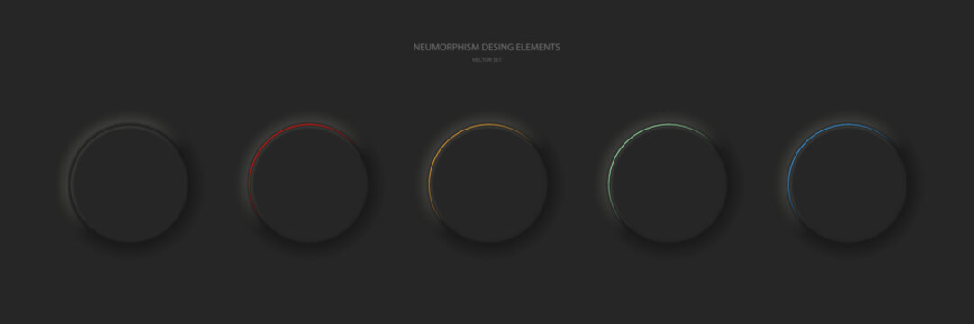 Round buttons on a black background. Neomorphism UI design element set. Vector illustration.