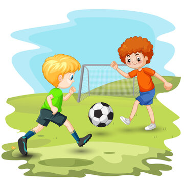 Happy  little kid play football together with friend