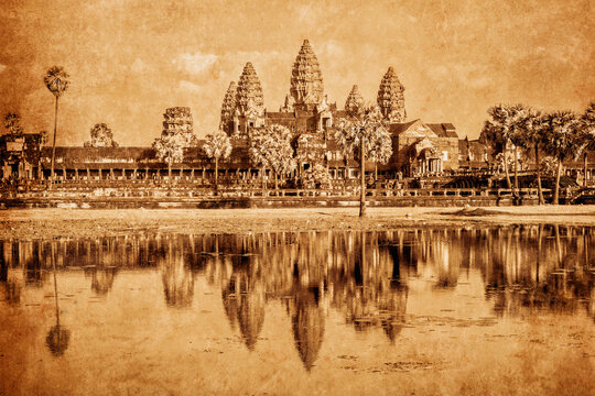 Vintage retro effect filtered hipster style weathered toned travel image of Cambodia landmark Angkor Wat with reflection in water