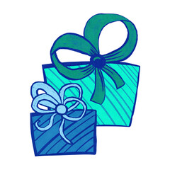 Hand drawn illustration of blue purple gift present box with ribbon bow. Cute funny bright birthday celebration decoration party, festive greeting decor, colorful sale concept event.