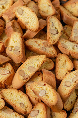 Traditional Italian cantuccini cookies with almonds. Food background. Top view.