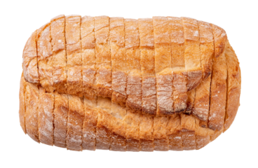 Sliced loaf of wholegrain bread cutout. White wheat bread cut into slices isolated on a white background. Bread baking and slicing. Carbohydrates and calories concept.