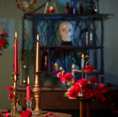Fototapeta na wymiar magic potion with red roses and burning candles in dark room