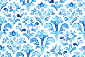 Seamless moroccan pattern. Wavy vintage tile. Blue and white watercolor ornament painted with paint on paper. Handmade. Print for textiles. Set of grunge textures. - 551885099