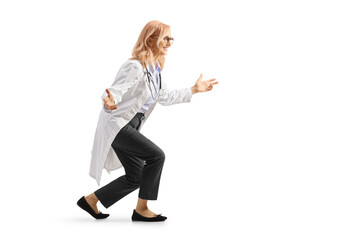 Profile shot of a female doctor waiting to hug somebody
