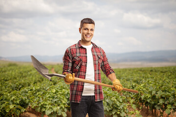 Young male farmer with a shovel posing on a grape field