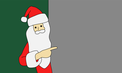 Santa Claus points his finger, vector illustration. Drawn Santa Claus on a green background points his finger at a gray background.