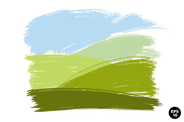 Wax crayon naive hand drawn grass meadow hills with blue sky. Vector pastel chalk background banner. Horizontal landscape colorful backdrop. - obrazy, fototapety, plakaty