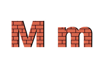 English Alphabet made of bricks. Letter M. Red brick typeface. Industrial design. For construction websites, logos, building materials stores, children's education. Vector illustration