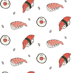 Seamless pattern with sushi and rolls. Asian food. Japanese rolls with seafood and rice. Vector background for any design.