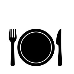 DISH WITH CUTLERY, FORK AND KNIFE, PICTOGRAM