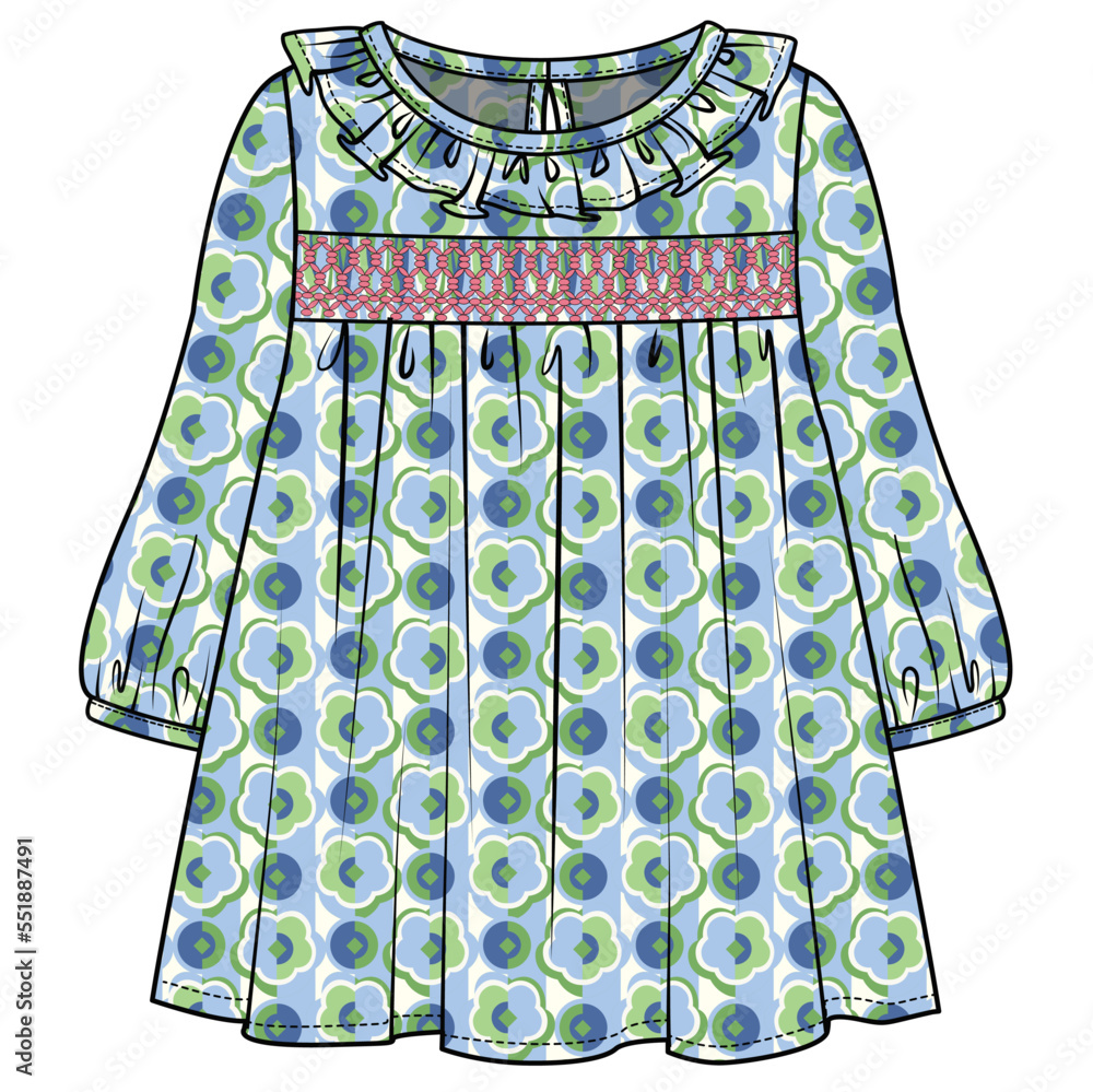 Poster RETRO PATTERN FRILLED NECKLINE SMOCKED DRESS FOR BABY AND TODDLER GIRLS IN EDITABLE VECTOR FILE