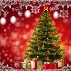 Fototapeta na wymiar christmas tree red background bokeh snowflakes presents underneath