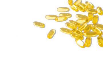 Close-up transparent golden medical pills png. Omega 3 capsules - obrazy, fototapety, plakaty