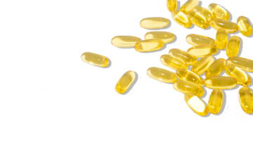 Close-up transparent golden medical pills png. Omega 3 capsules