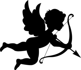 Fototapeta premium Cute little cupid shoots an arrow of love from a bow. Valentine's Day. Silhouette. Love.