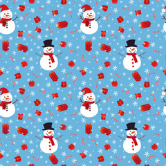 Set of Christmas and new year seamless pattern with snowflakes, snowmen, candies and gifts. 1000x1000 pixels. Vector graphics.