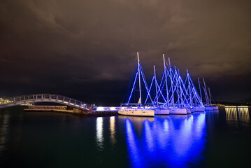 Sail Boat Holiday Lights, decorated city for the Christmas holidays, Volos, Greece