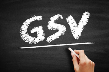 GSV Gross Sales Value - value of all of a business's sales transactions over a specified period of time without accounting for any deductions, acronym text on blackboard - obrazy, fototapety, plakaty