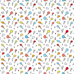Pattern of dialogue boxes and grammatical signs. Abstract communication. Colored seamless vector image on a transparent background.