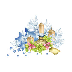 Watercolor drawing by hand. Christmas bouquet composition of holly, poinsettias, fir tree, candles, star, barberry and saw cut tree. Artistic creative realistic object for sticker, florist, notebook